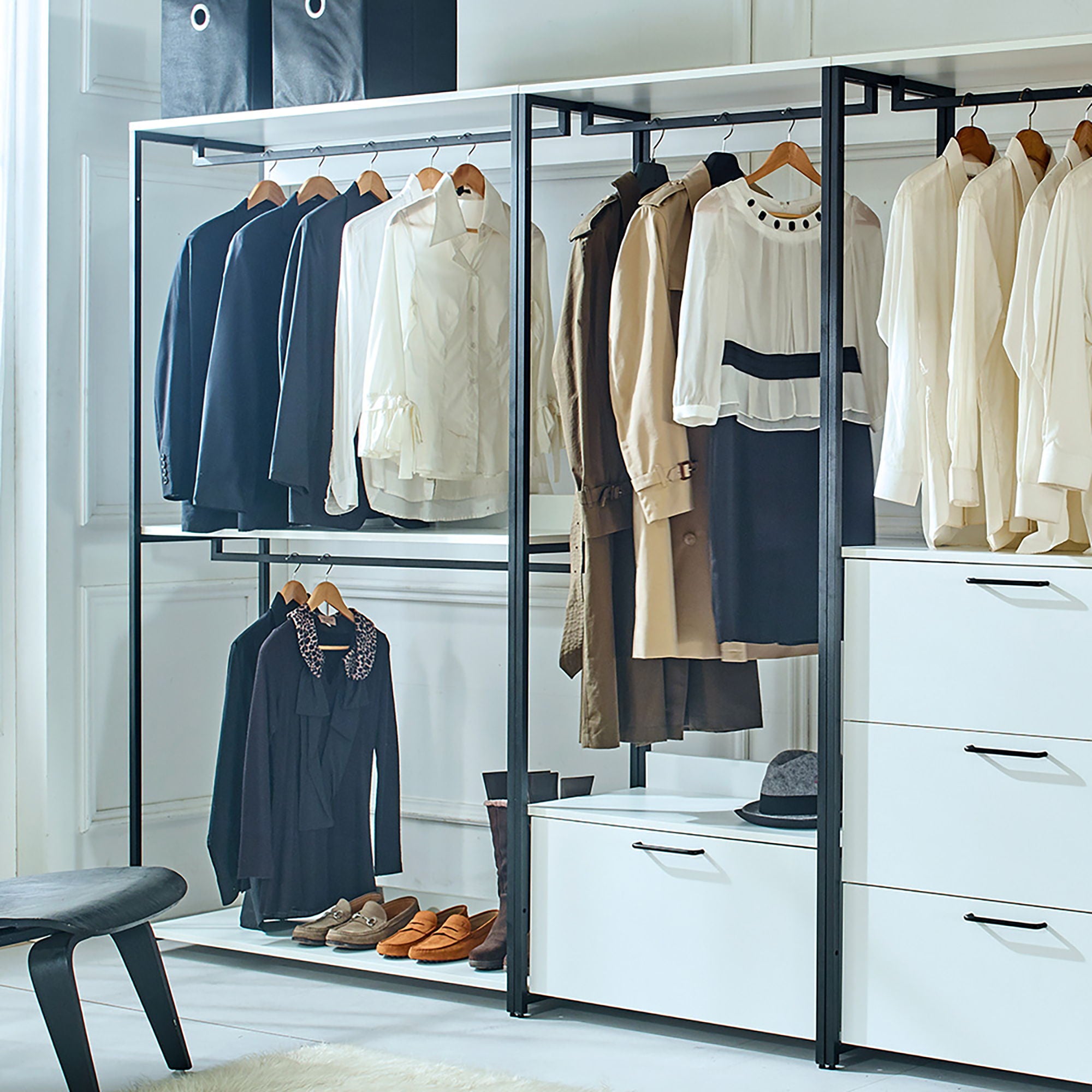Fiona - Freestanding Walk In Wood Closet System & Metal Frame Durable Storage Solution Melamine - White