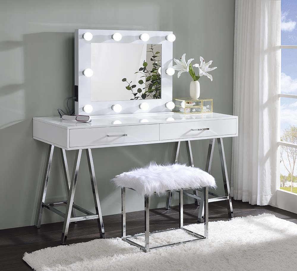ACME Coleen - Vanity Desk - White High Gloss & Chrome Finish | Meri Furniture