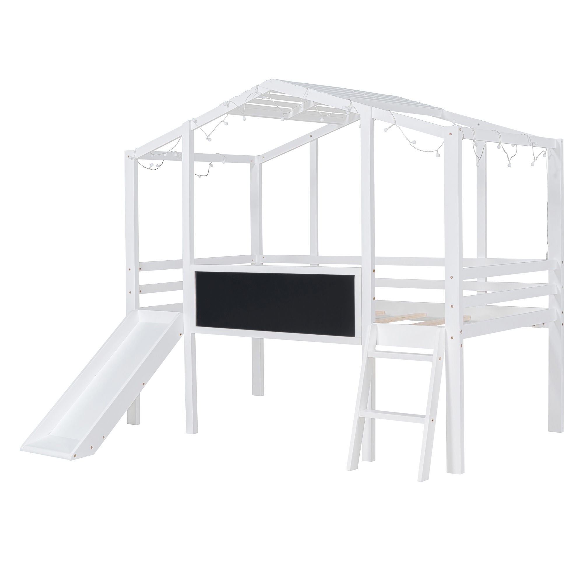 Loft House Bed With Ladder And Slide, With Blackboard And Light Strip On The Roof