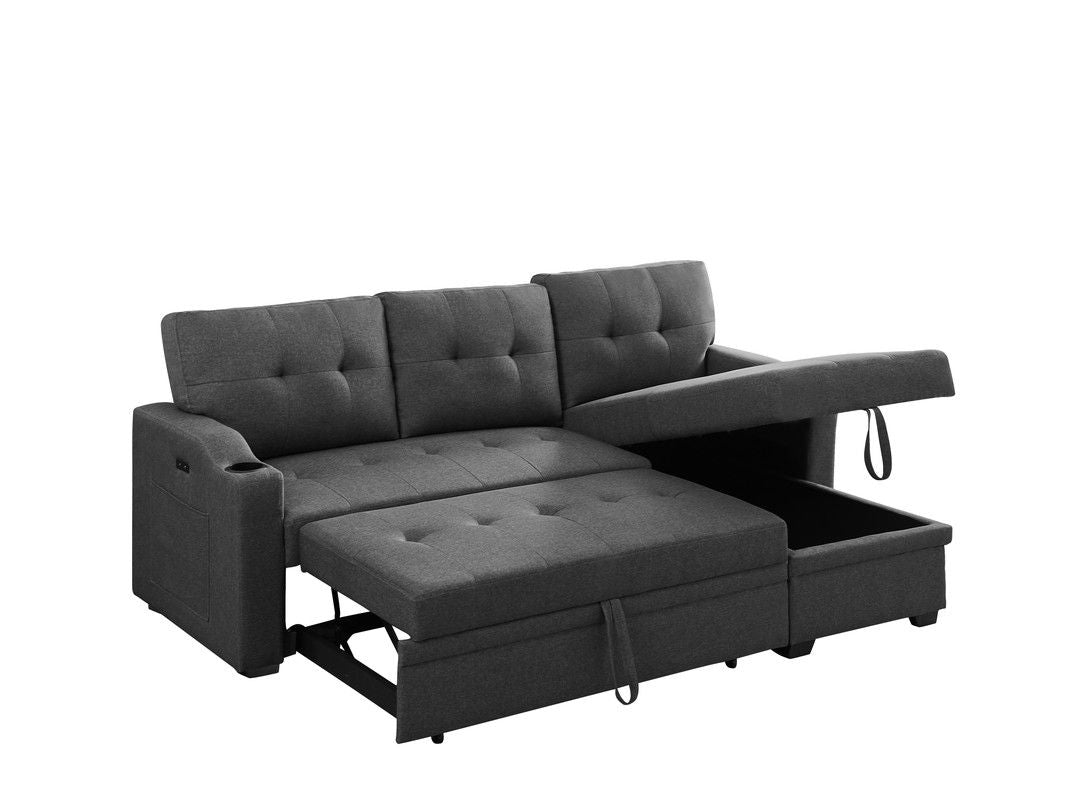 Mabel 83"W Dark Gray Linen Fabric Sleeper Sectional with cupholder, USB charging port and pocket