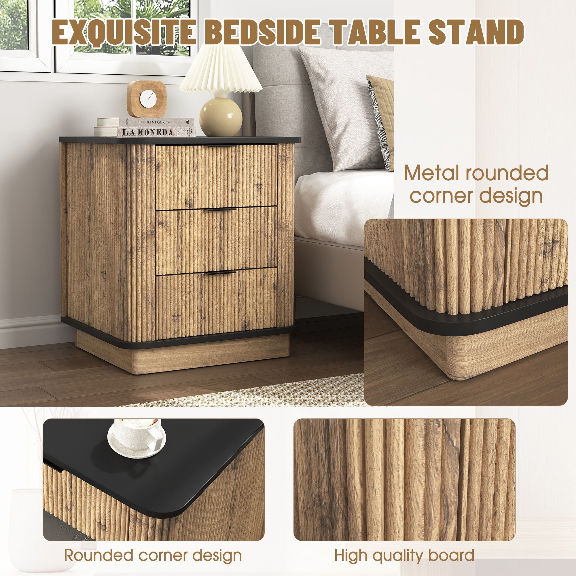 Multi Functional 3 Drawer Nightstand, Perfect For Storing Items Of Different Heights, A Perfect Combination Of Nature And Fashion - Black