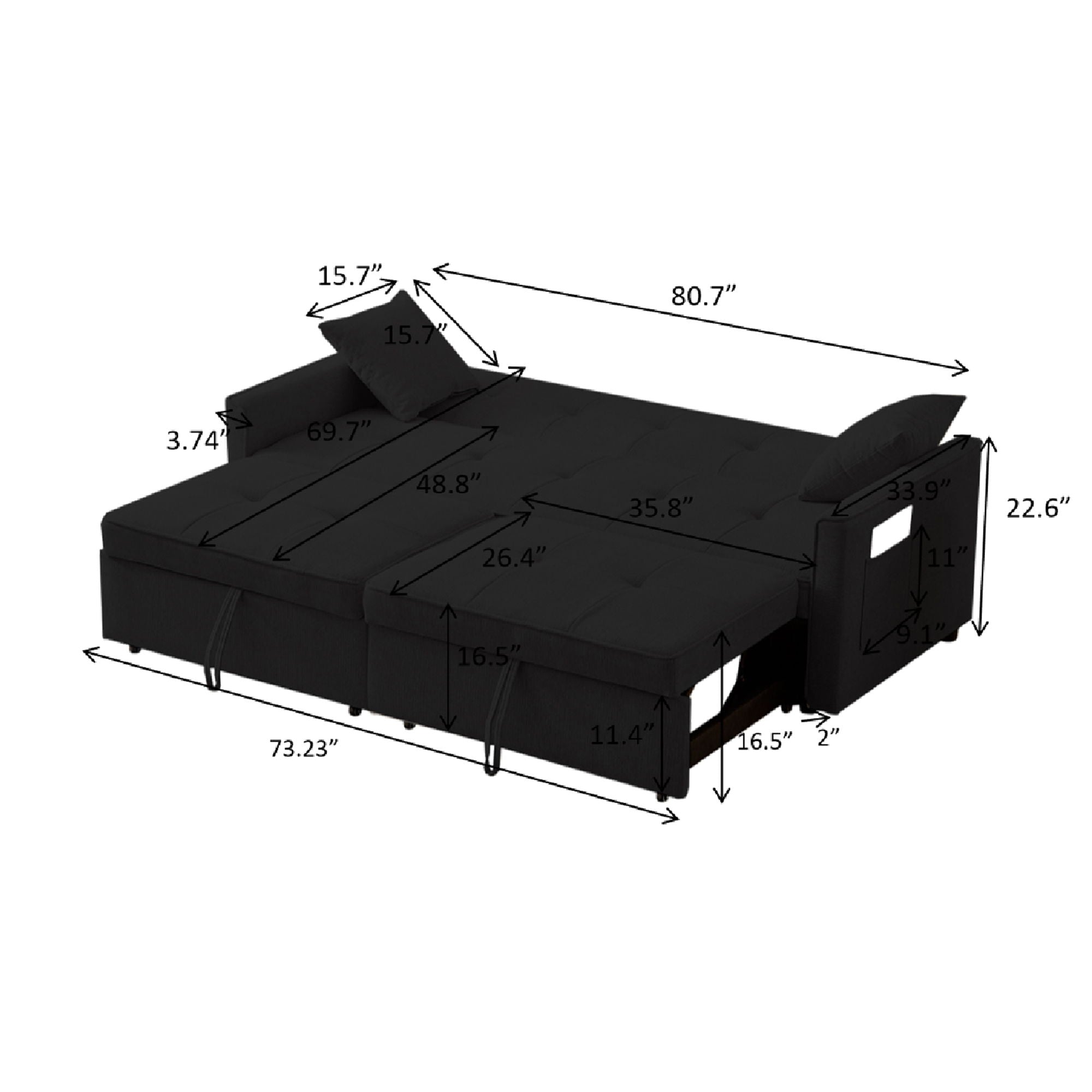 3 In 1 Convertible Sleeper Sofa Bed, Reclining Backrest, Pillows, Pockets