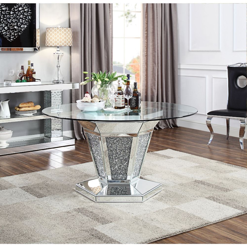 ACME Noralie - Dining Table - Mirrored, Faux Diamonds & Clear Glass | Meri Furniture
