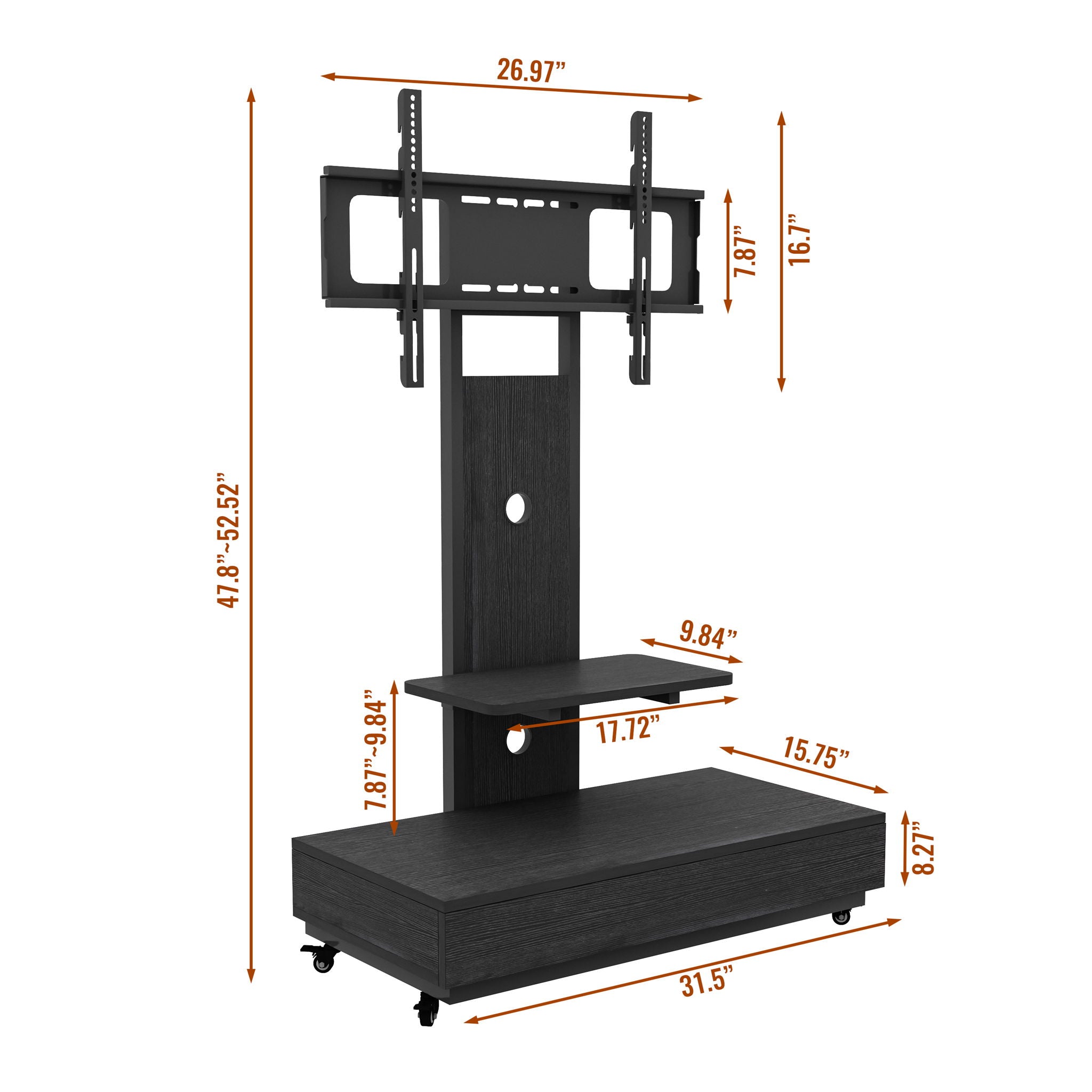 Mobile TV Cart With Push Pull Drawer, Lockable Wheels