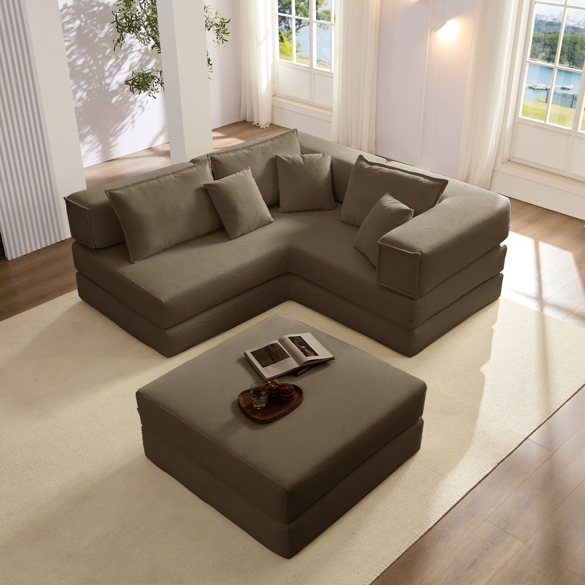 Modular L Shaped Floor Living Room Sofa Set With 6 Pillows