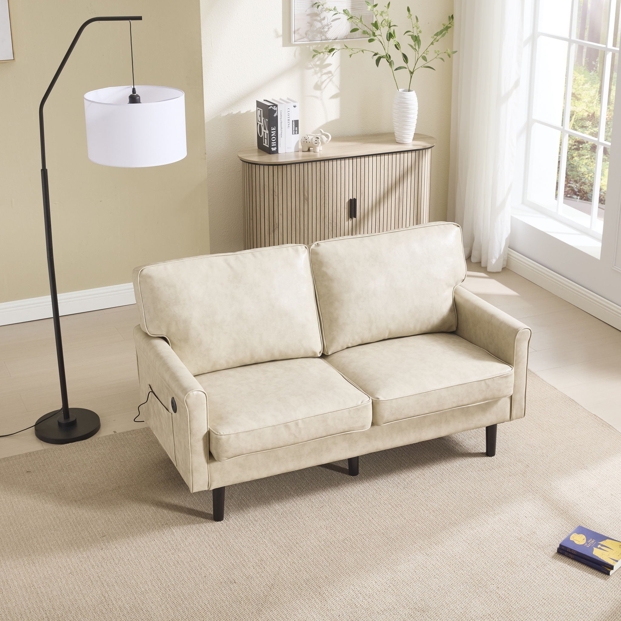 Mid Century Modern Loveseat Sofa With USB Ports, Removable Pillow Cover