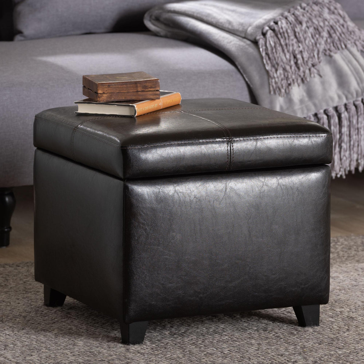 Dark Brown Full Leather Storage Cube Ottoman