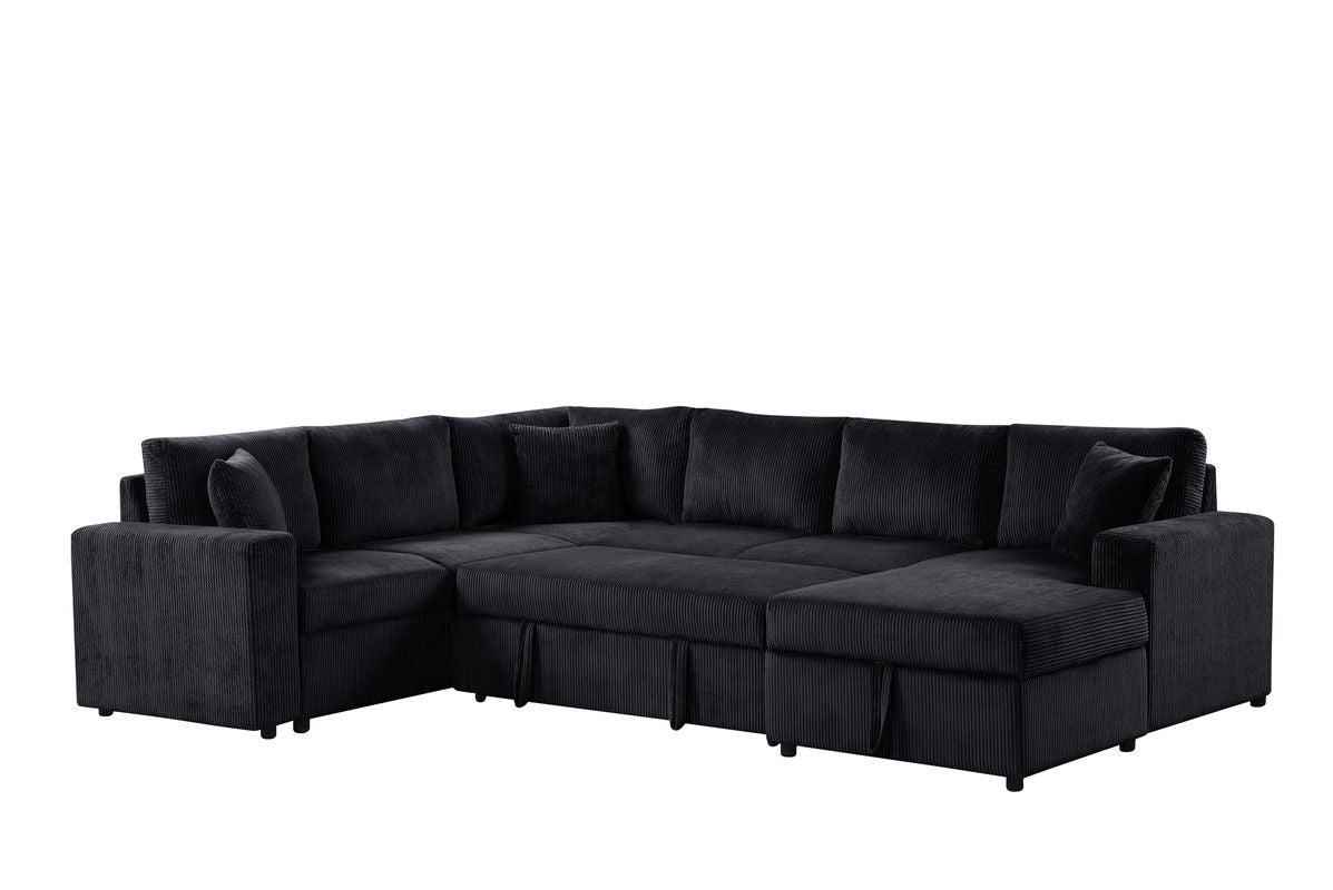 Ruxley 123"W Black Corduroy Sleeper Sectional Sofa with Right-Facing Storage Chaise and Throw Pillows