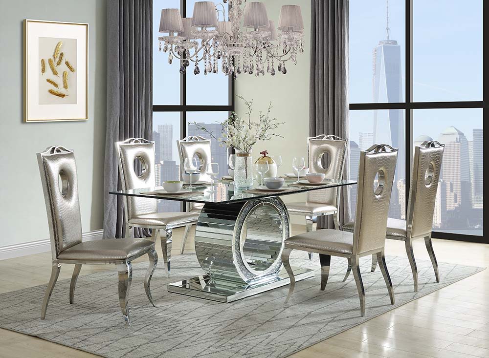 ACME Noralie - Dining Table - Mirrored & Faux Diamonds - Glass - 30" | Meri Furniture