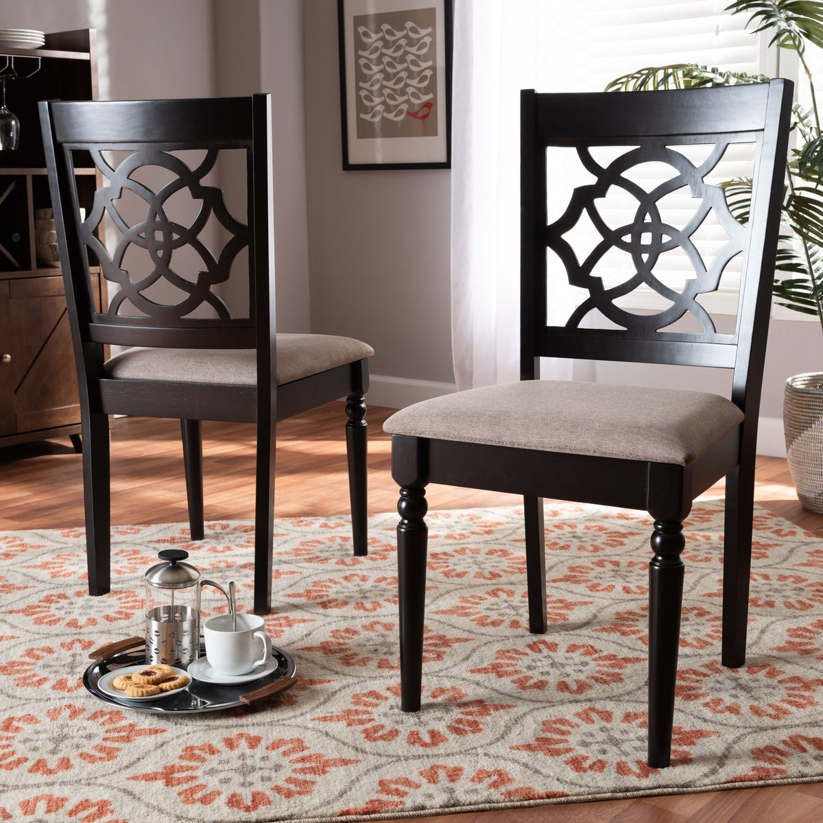 Renaud Modern and Contemporary Sand Fabric Upholstered and Espresso Brown Finished Wood 2-Piece Dining Chair Set Set
