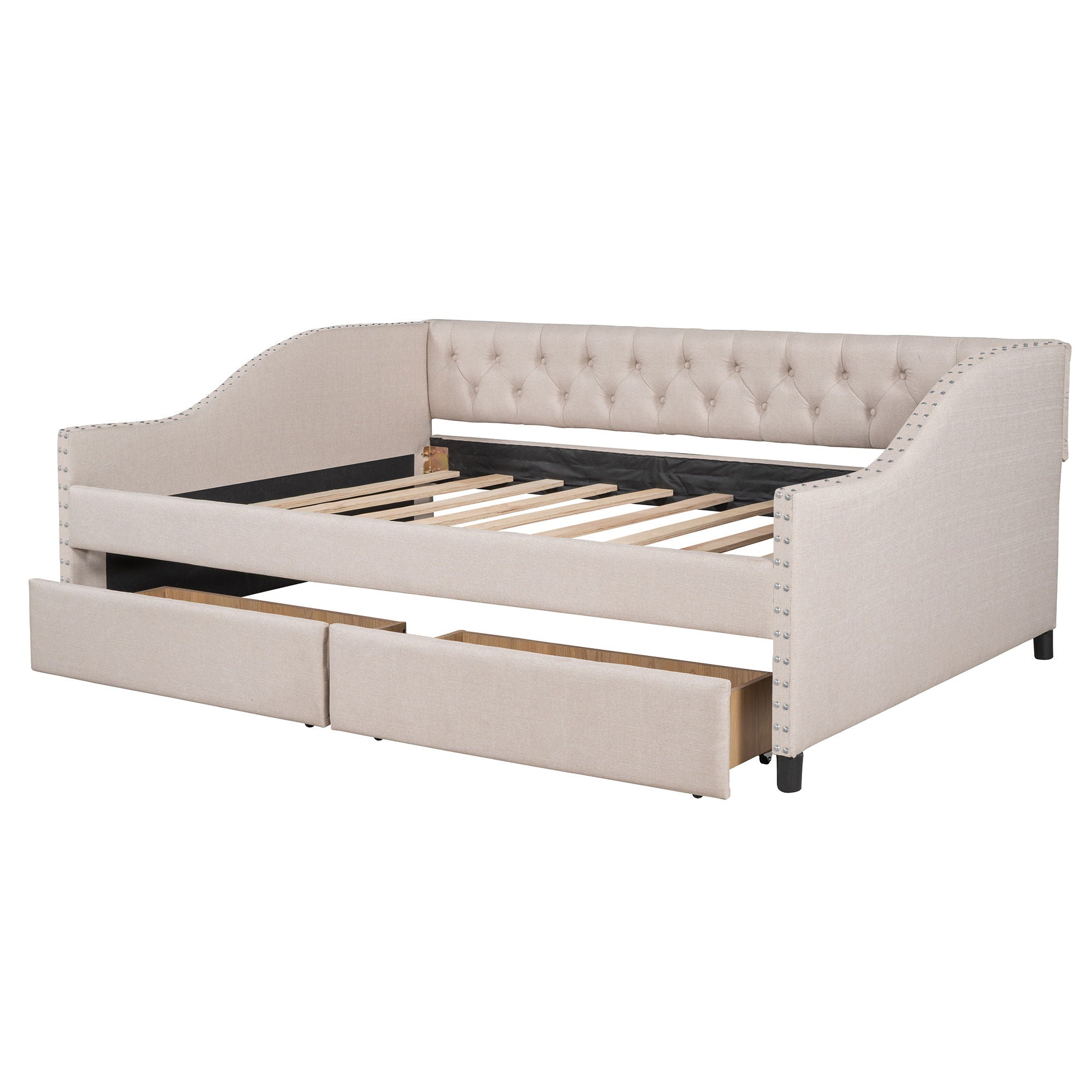 Upholstered Daybed With Two Drawers, Wood Slat Support