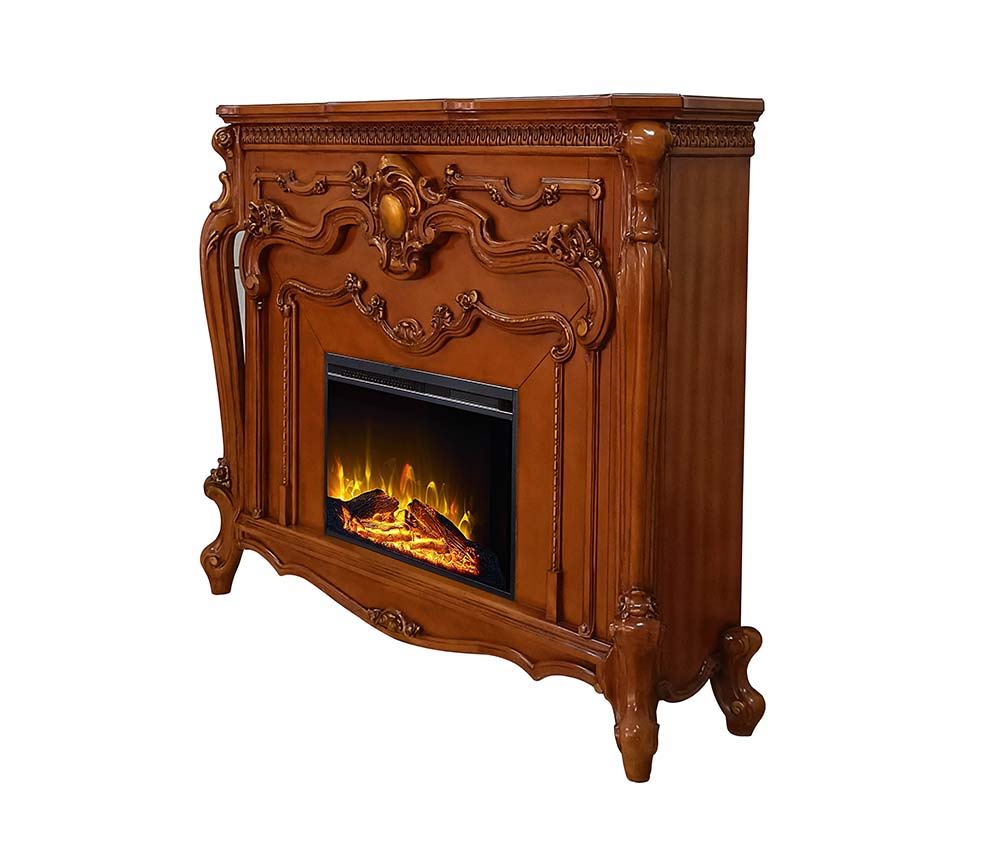 ACME Add a focal piece into any room with the ornate Picardy fireplace in a oak finish. The elaborate details of the mantel include winding carvings, medallion, and carved trim on top. | Meri Furniture