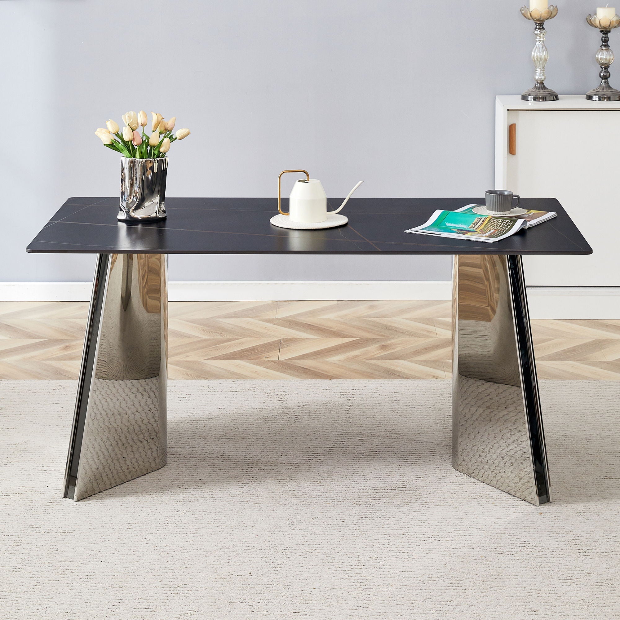 Modern Marble Patterned Dining Table With Stainless Steel Butterfly Legs