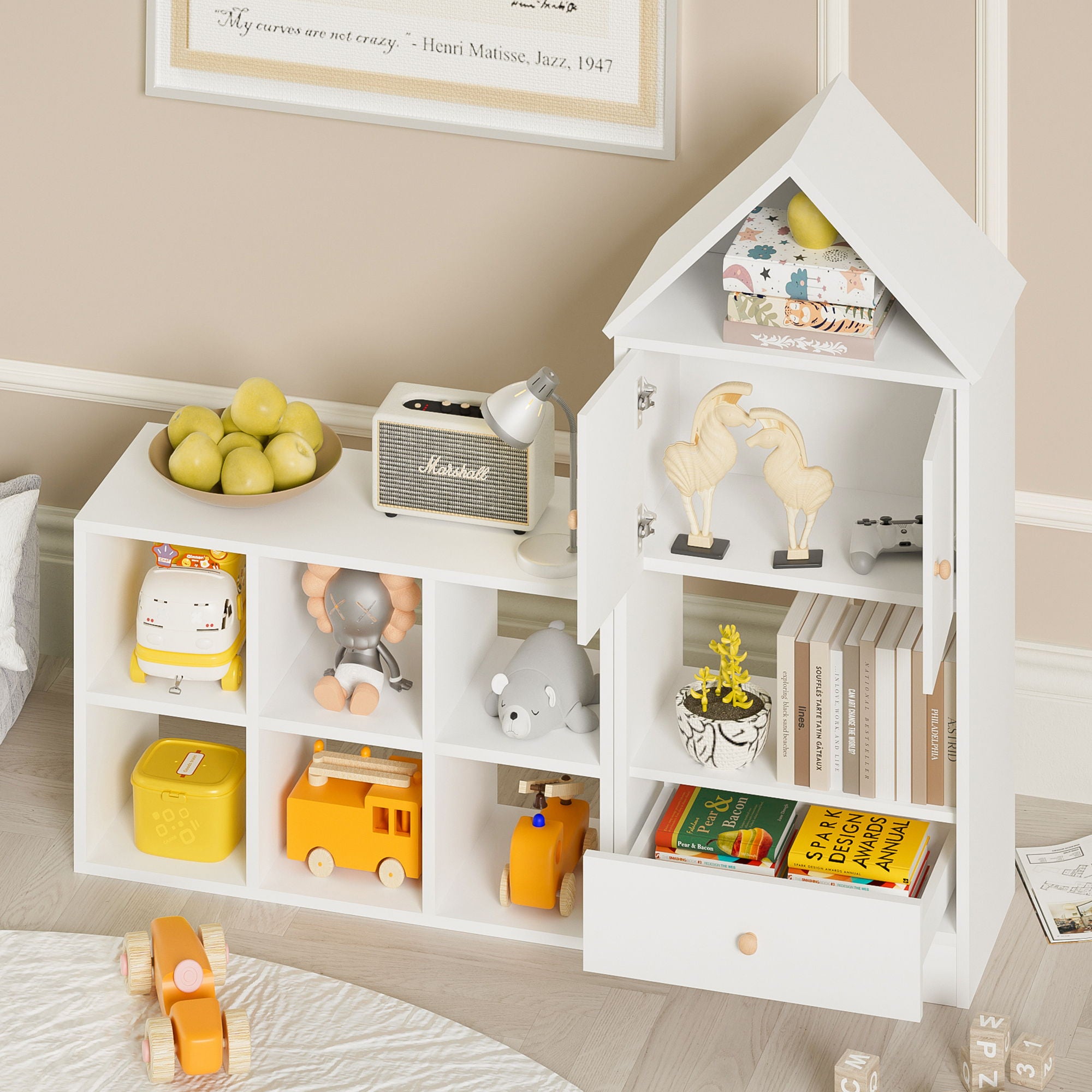 Versatile Children's Bookshelf With House Shaped Design, Multi Functional Storage