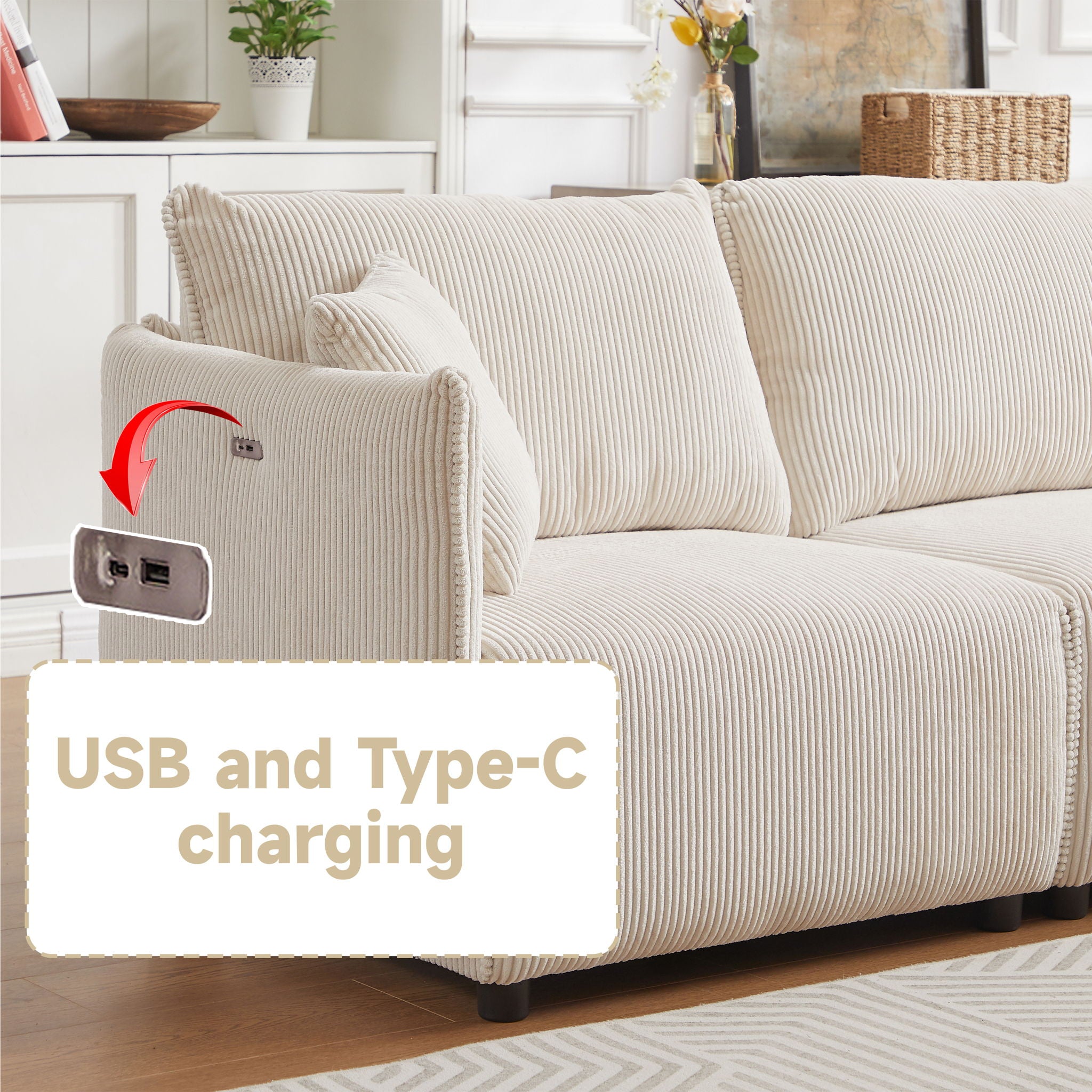 Modern Minimalist Corduroy Combination Sofa With 2 Comfort Cushions With USB & C Charging Ports