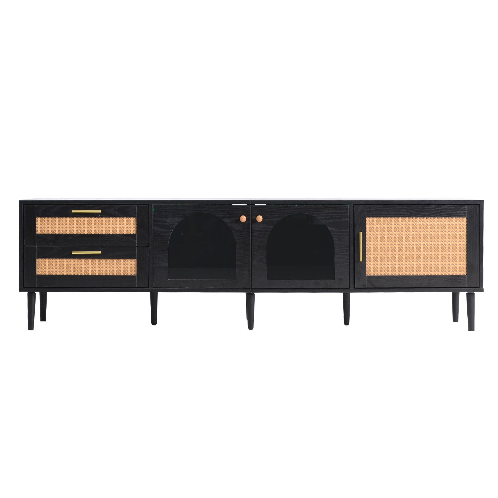 Rattan TV Stand With 3 Cabinets & 2 Drawers, Rattan-Inspired Media Console Table For Tvs Up To 80'', LED Light Entertainment Center, TV Cabinet For Living Room - Black