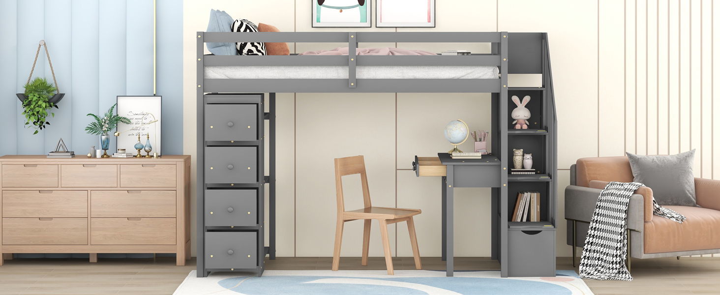 Loft Bed With Storage Drawers, Desk And Stairs With Shelves