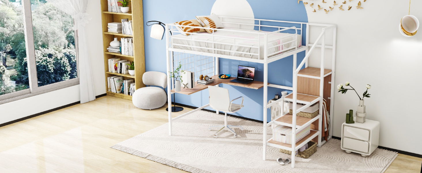 Loft Bed With Desk And Grid, Stylish Frame With Lateral Storage Ladder And Wardrobe
