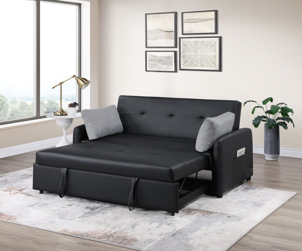 Radella 69"W Black PU Leather Convertible Sleeper Sofa with USB Ports, Power Sockets, Pockets, Pillows, Tufting