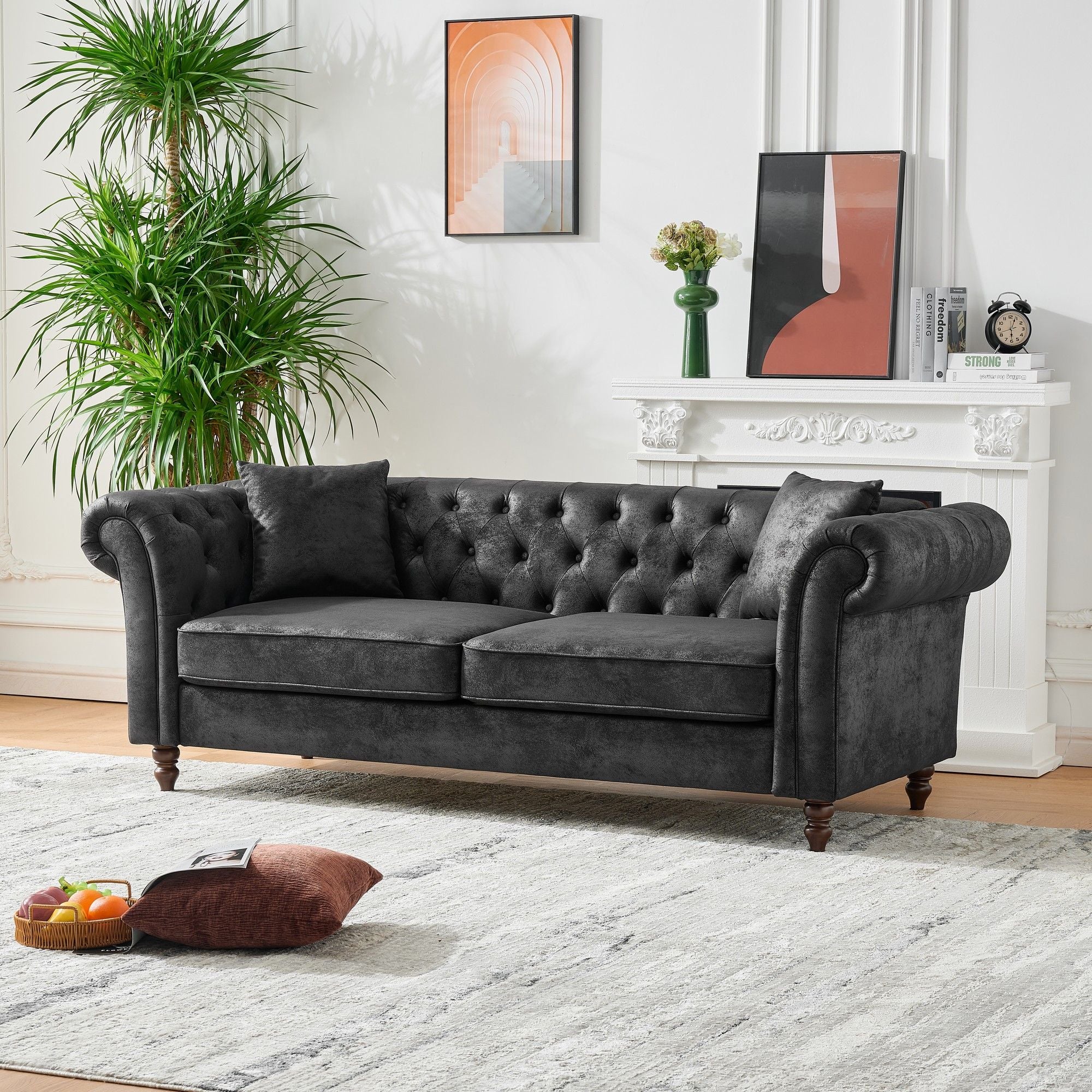 Chesterfield Sofa, High Tech Fabric Roll Armrest, 3 Seater Mid Century Modern Couch - Black