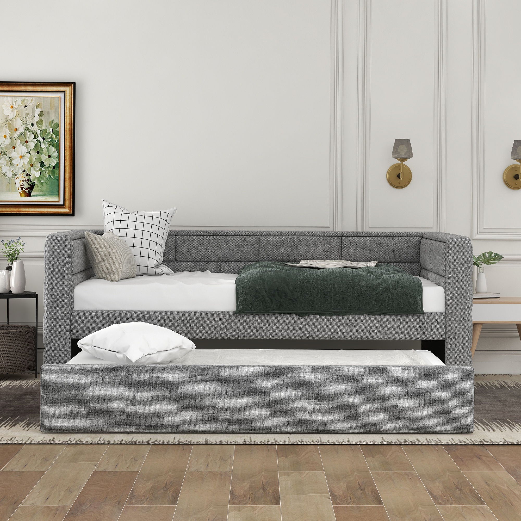 Upholstered Twin Size Daybed With Trundle, Padded Back And Sides - Gray