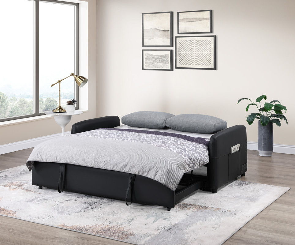 Radella 69"W Black PU Leather Convertible Sleeper Sofa with USB Ports, Power Sockets, Pockets, Pillows, Tufting