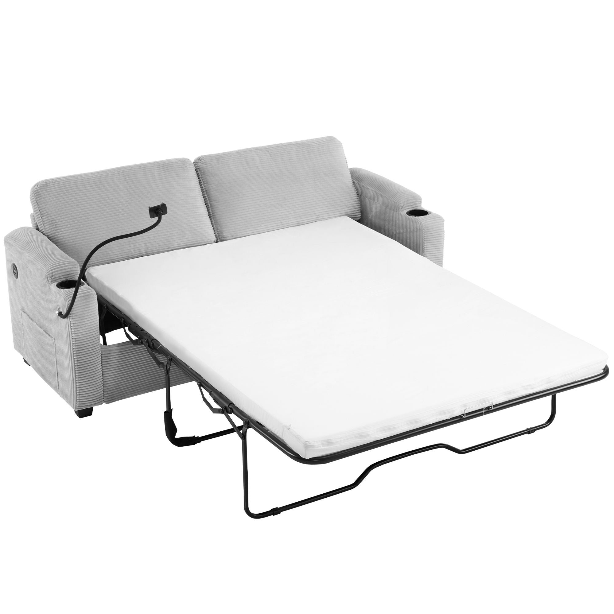 Corduroy Sleeper Sofa Loveseat Sofa With Full Size Mattress, 2 USB Ports, 2 Cup Holders, 2 Side Pockets And Phone Holder