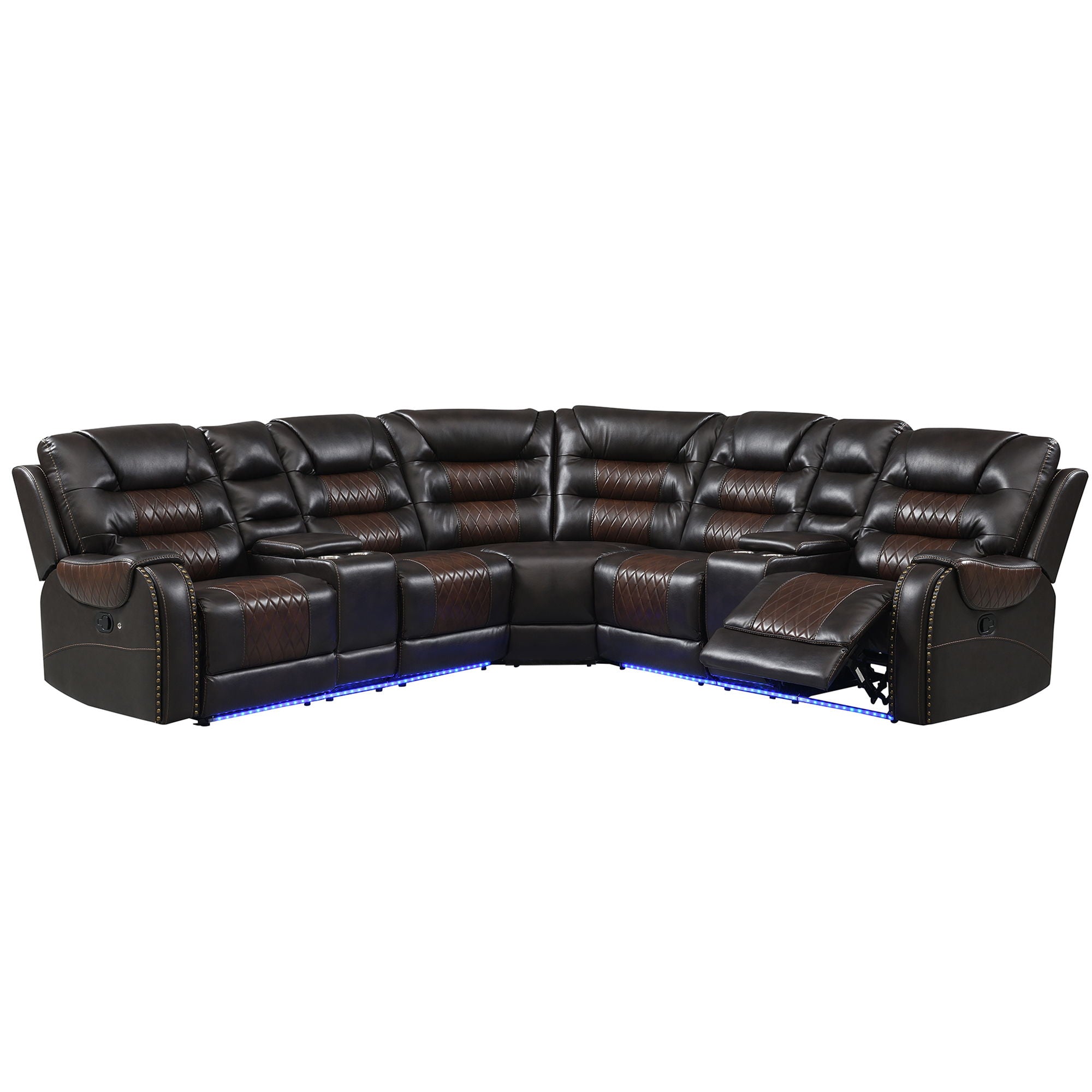 Manual Reclining Sectional Sofa Set, L Shaped Symmetrical Motion Sofa Corner Couch Sets With Storage Boxes, 4 Cup Holders And LED Light Strip For Living Room
