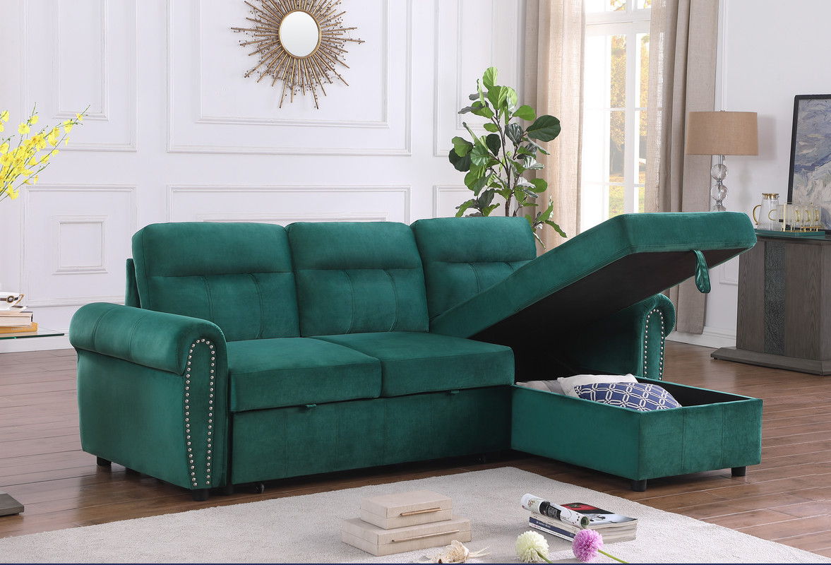 Ashton 96.5"W Green Velvet Fabric Reversible Sleeper Sectional Sofa Chaise