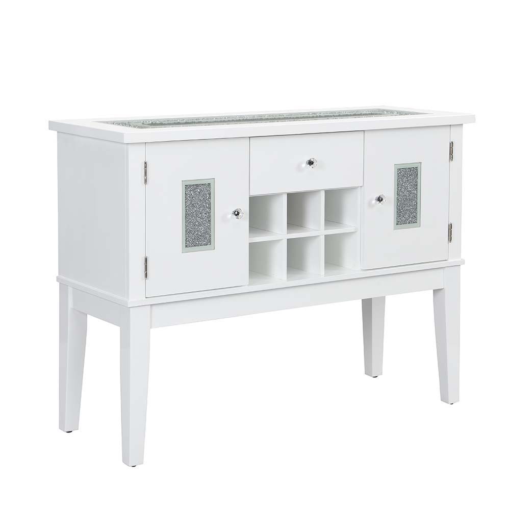 ACME Elizaveta - Server - Gray Velvet, Faux Crystal Diamonds &White High Gloss Finish | Meri Furniture
