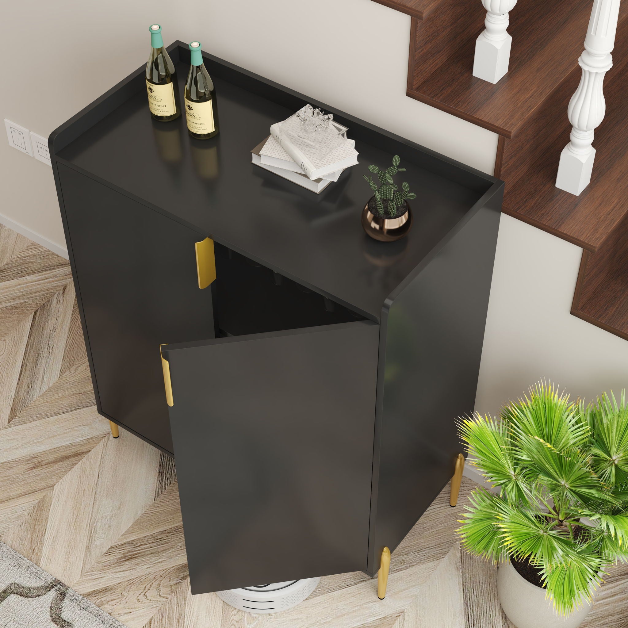 Wine Bar Cabinet With Adjustable Shelf, 2 Door Sideboard With Soft-Closing Hinges And Feet