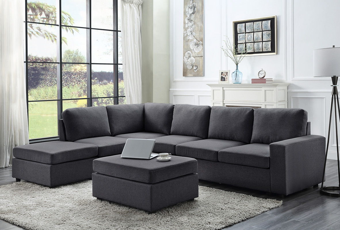 Cassia 120"W Modular Sectional Sofa with Ottoman in Dark Gray Linen