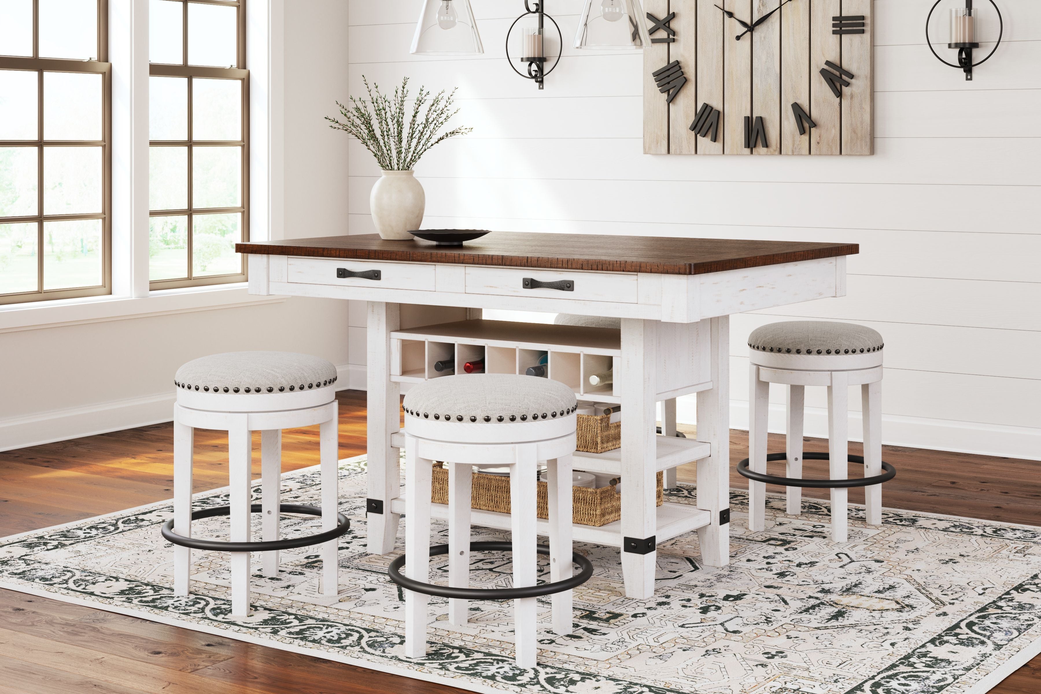 Signature Design by Ashley® Valebeck - White / Brown - 5 Pc. - Counter Table With Wine Rack, 4 Swivel Stools | Meri Furniture
