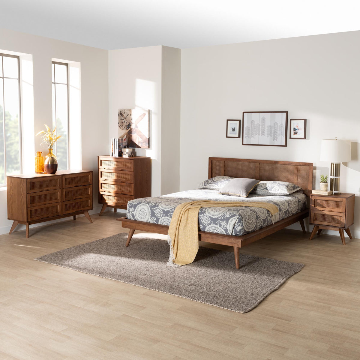 Nura Mid-Century Modern Walnut Brown Finished Wood and Rattan King Size 4-Piece Bedroom Set