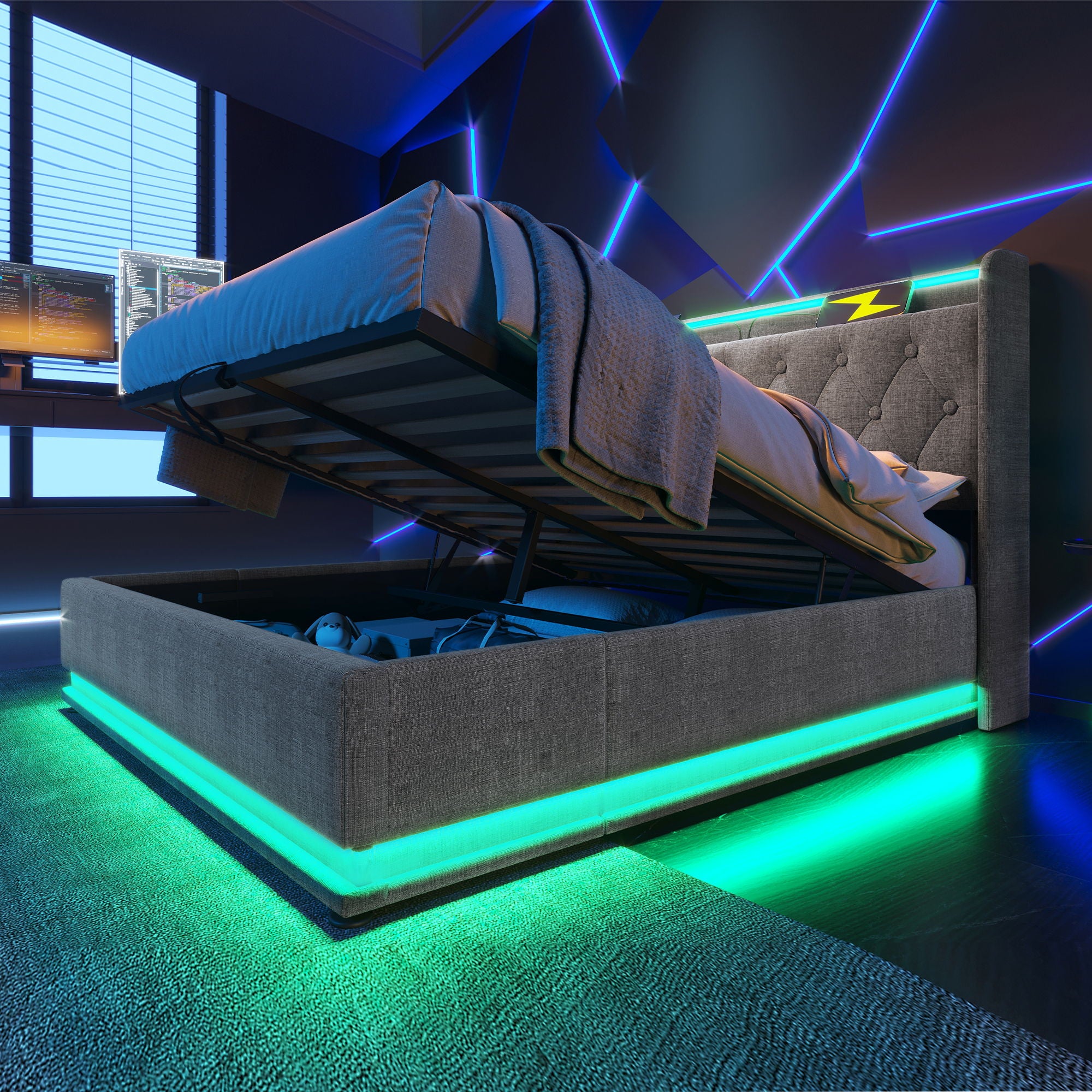 Upholstered Bed, 360 Surround LED Function, Remote Control, Hydraulic Storage Bed With USB, Type-C Charging (Without Mattress)