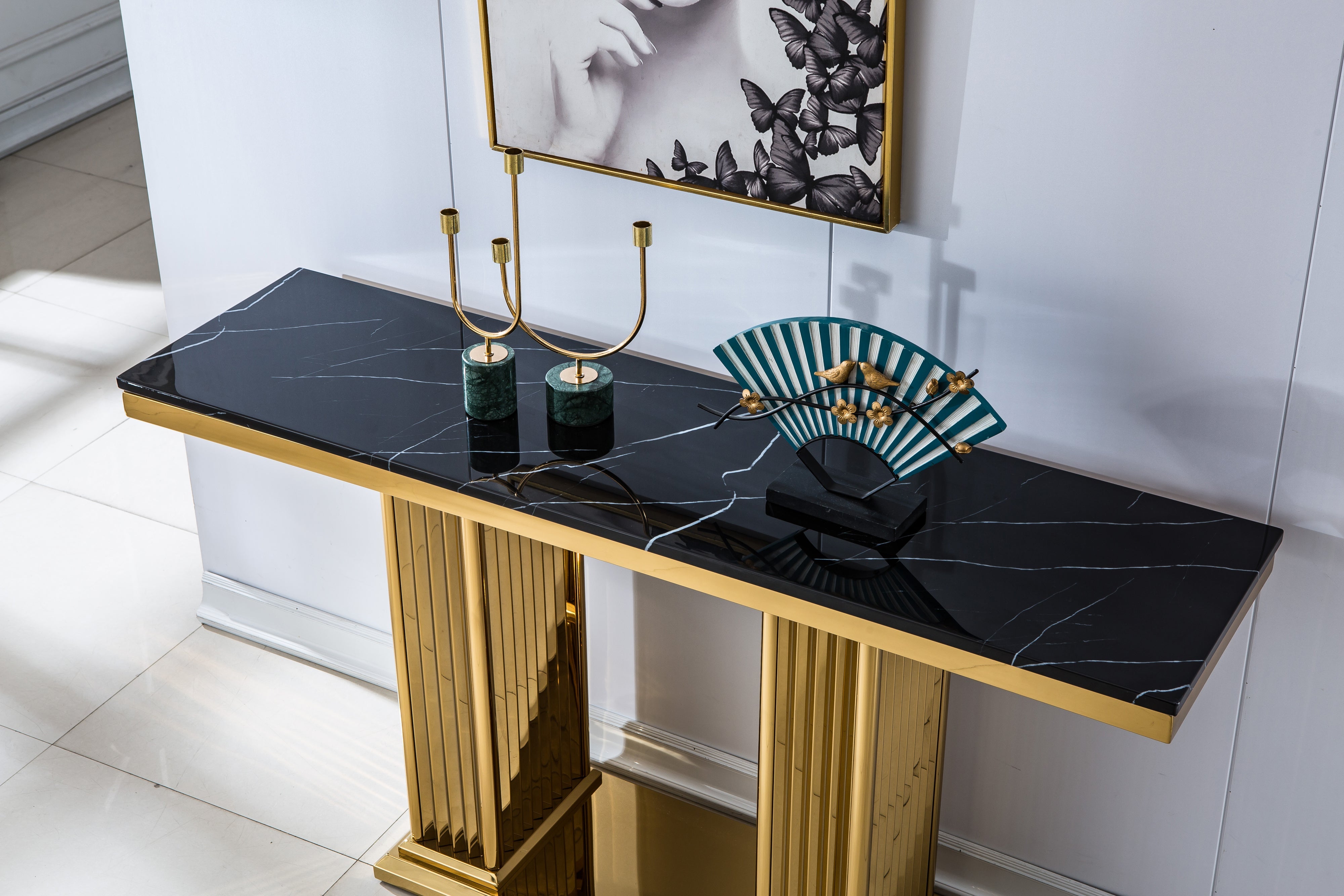 Solid Marble Console Table with Gold Finish Base