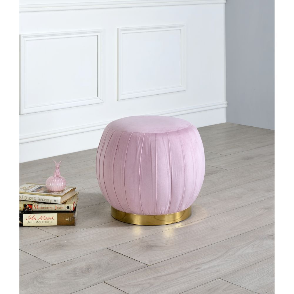 ACME Assembled, Backless Round Ottoman (NO Storage) • Fully Padded Seat: Velvet • Armless • Wooden Inner Frame • Metal Round Base. | Meri Furniture