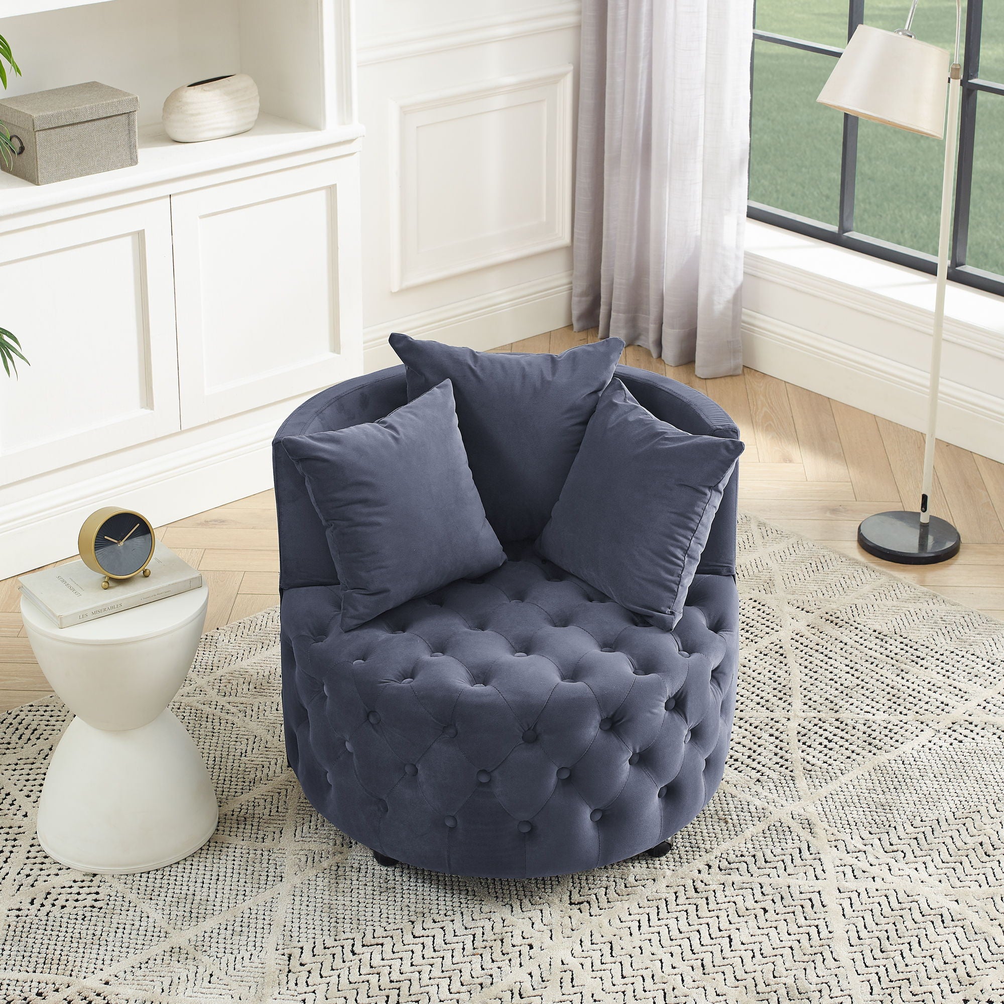 Modern Upholstered Swivel Chair With Button Tufted Design And Movable Wheels