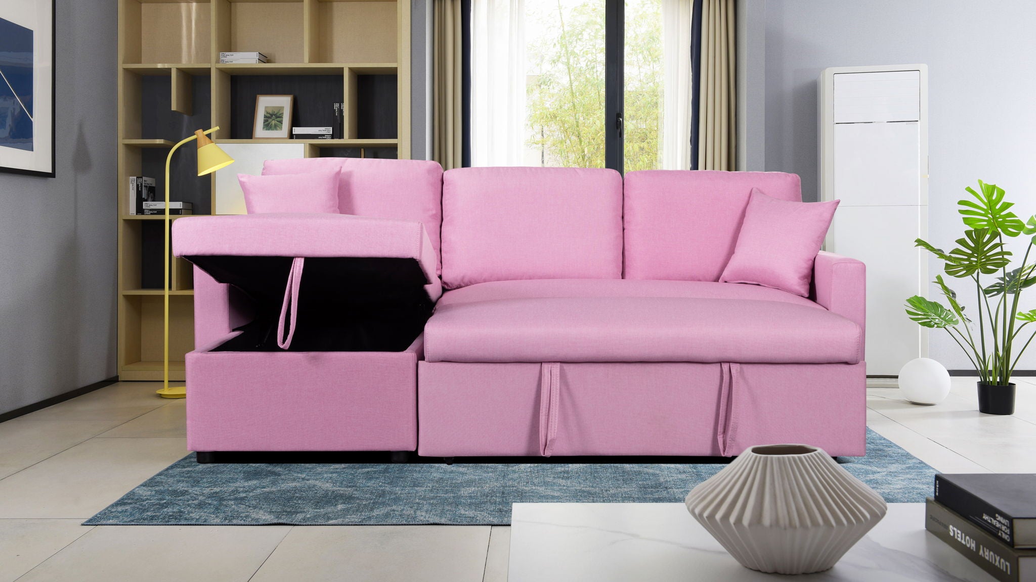 Paisley 82"W Pink Linen Fabric Reversible Sleeper Sectional Sofa with Storage Chaise
