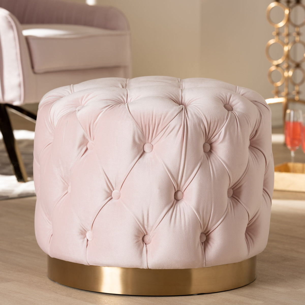 Valeria Glam Light Pink Velvet Fabric Upholstered Gold-Finished Button Tufted Ottoman