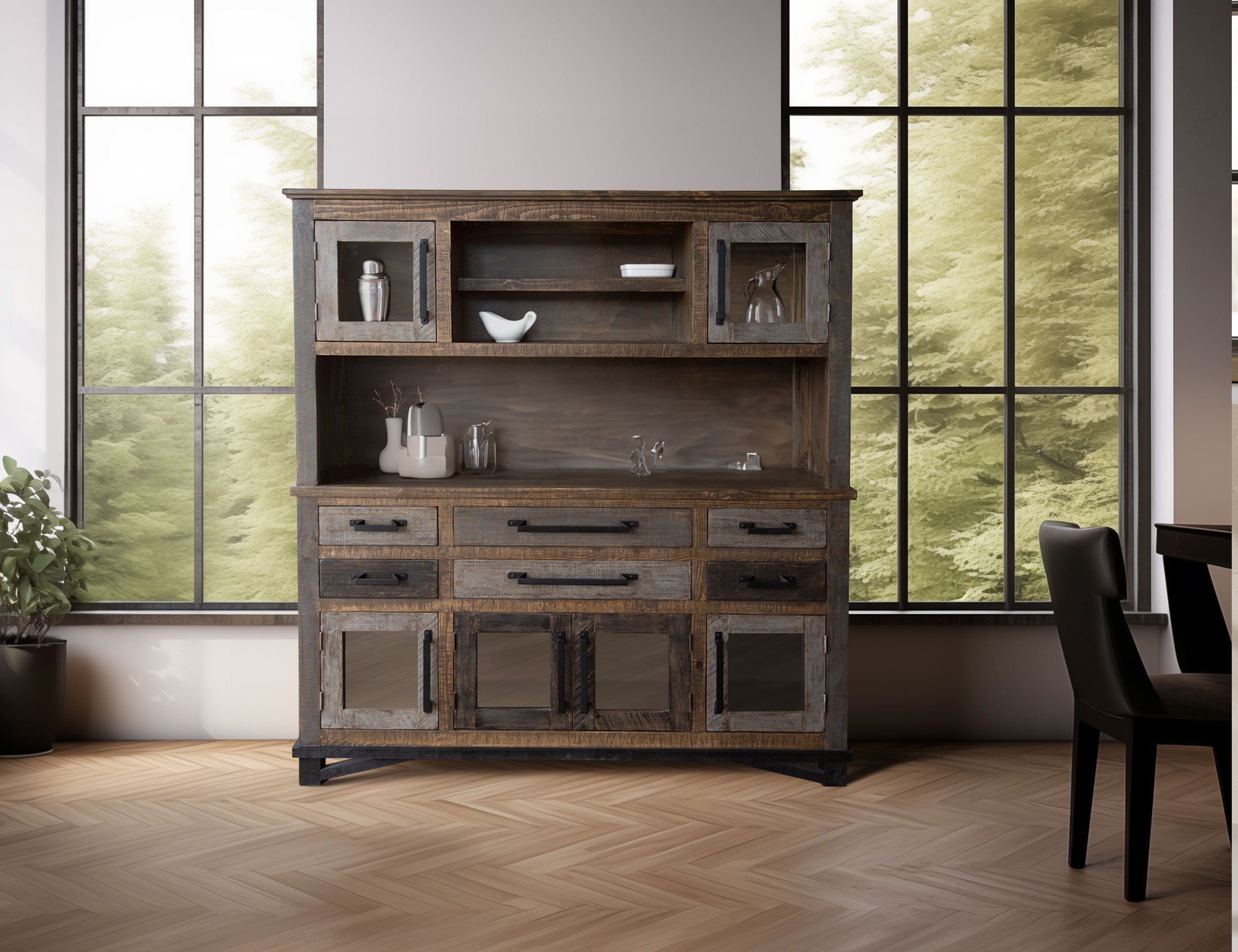 International Furniture Direct Loft Brown - Buffet And Hutch With 6 Drawers / 6 Doors - Two Tone Gray / Brown | Meri Furniture