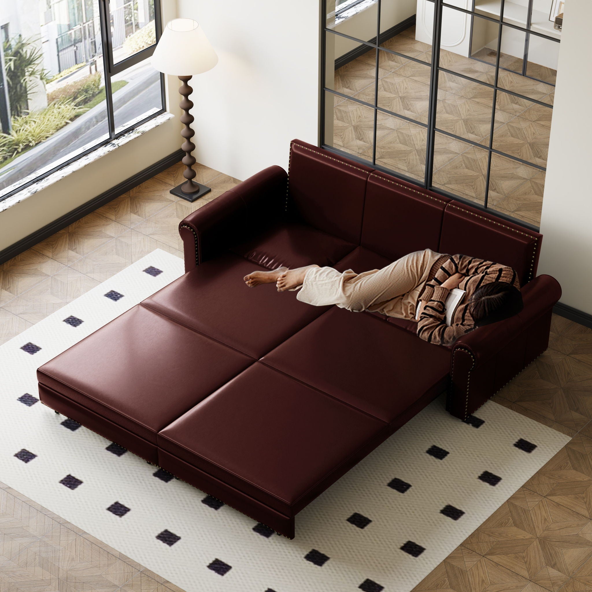 3 In 1 Convertible Sleeper Sofa With Nailhead Trim & Rolled Arm