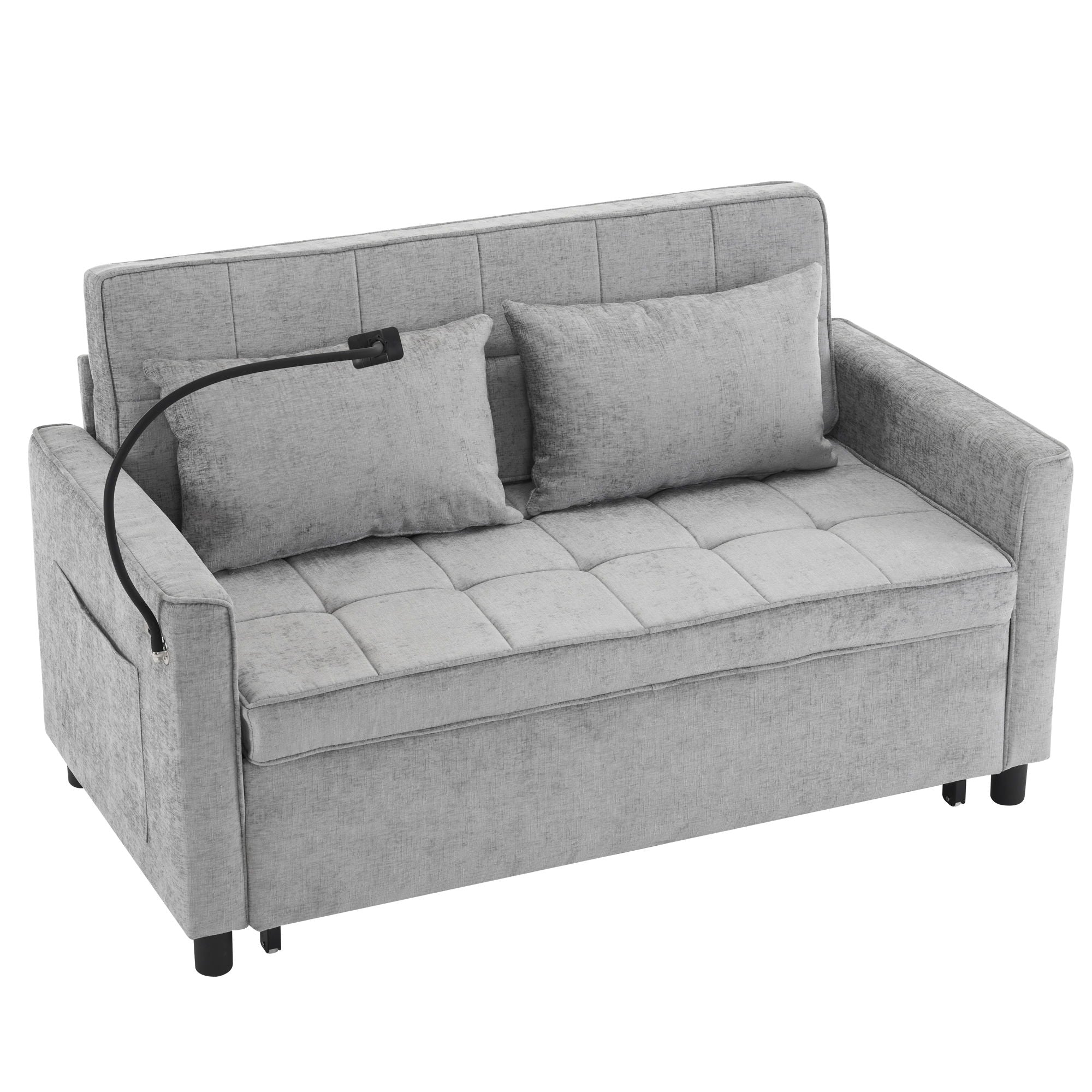 Pull-Out Sleeper Sofa With Reversible Backrest Cushion, Side Pockets, 2 USB Ports And A Phone Holder For Living Room