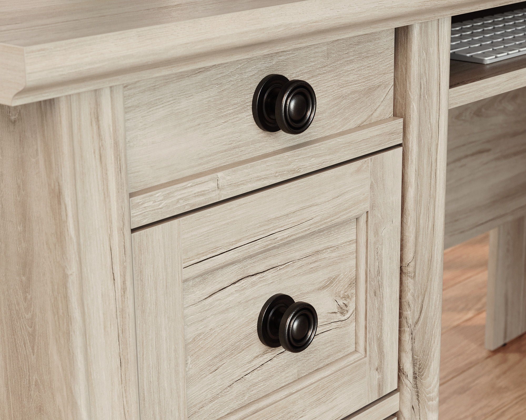 Chalk Oak L-Shaped Desk with Cord Management