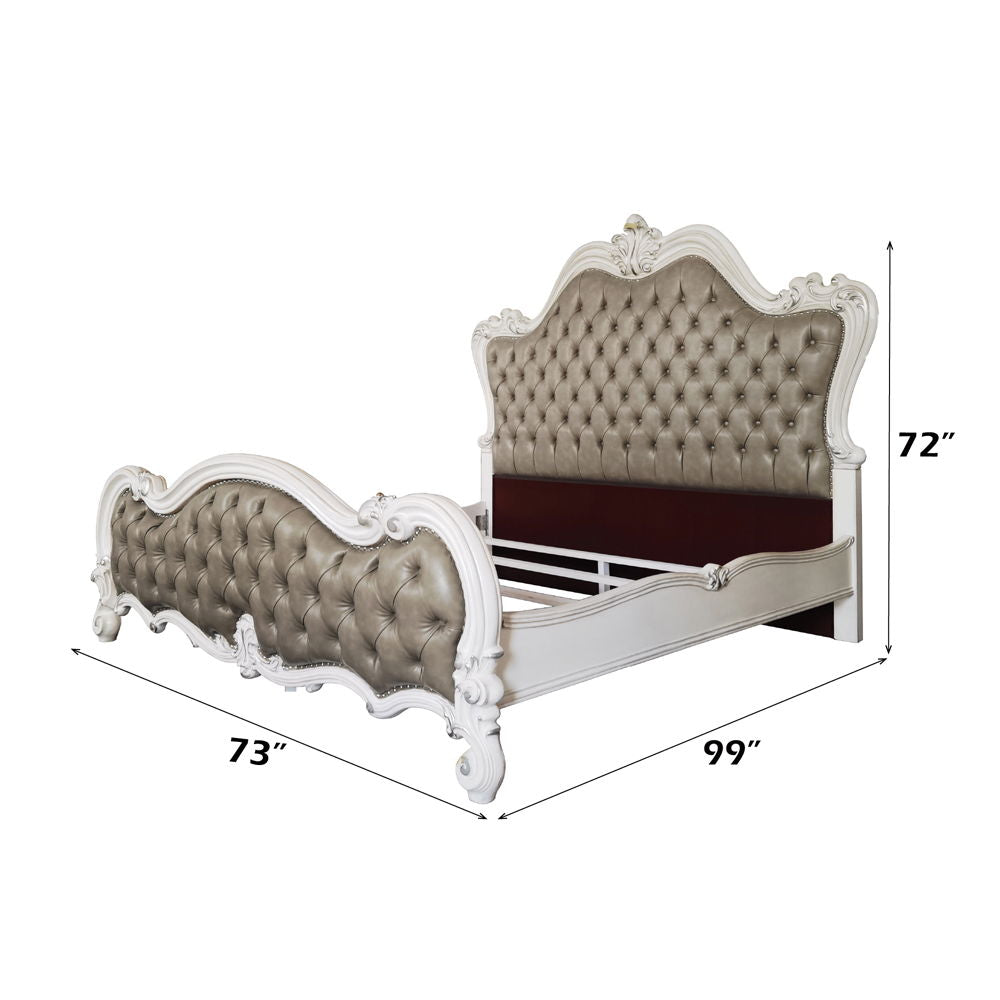 Versailles II - Queen Bed - Vintage Gray Synthetic Leather & Bone White
