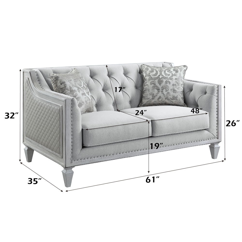 Katia - Loveseat With 2 Pillows - Light Gray Linen & Weathered White
