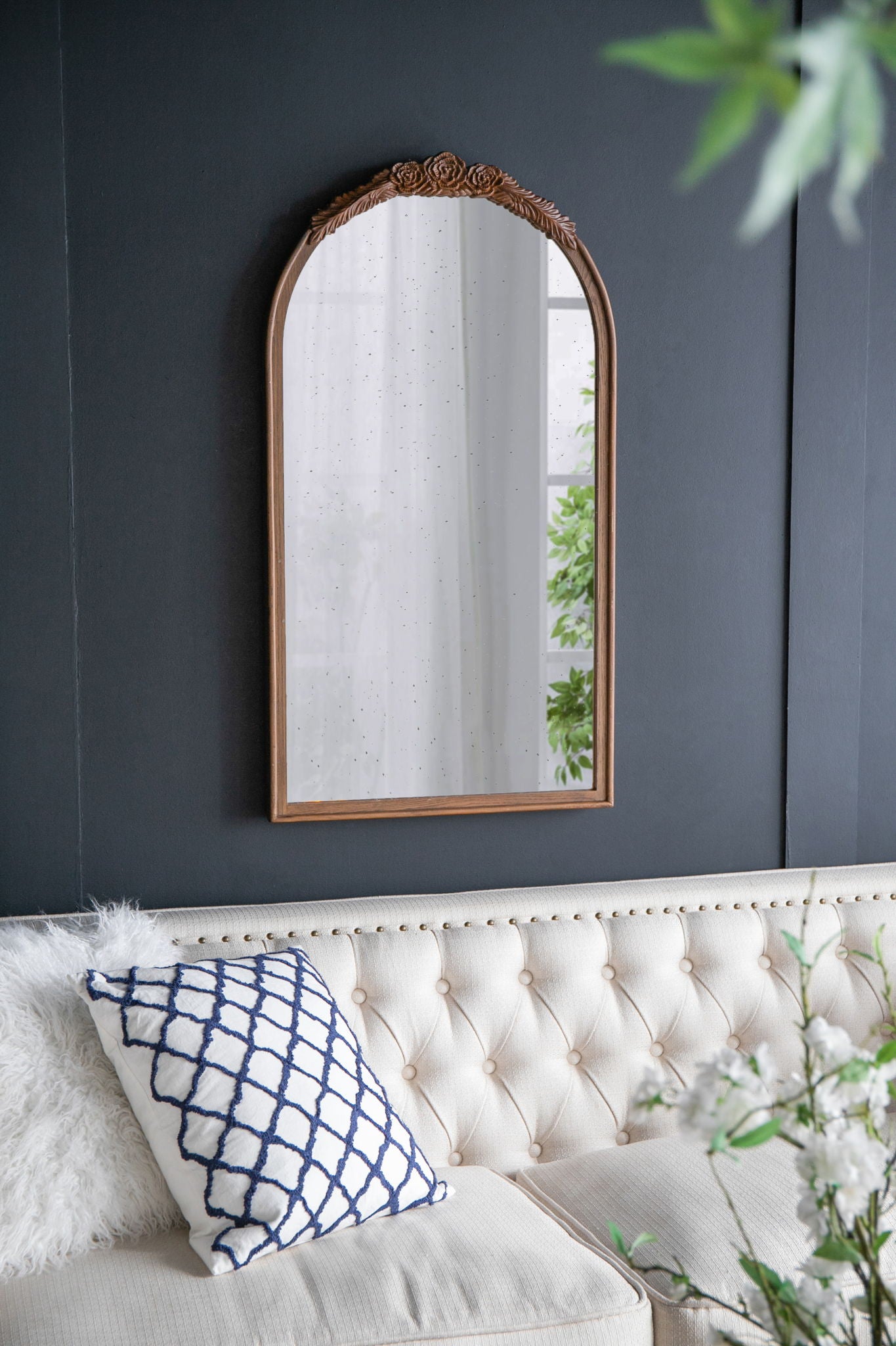 Hand Carved Rose Antique Mirror Frame, Wood Arch Mirror Wall Decor For Living Room