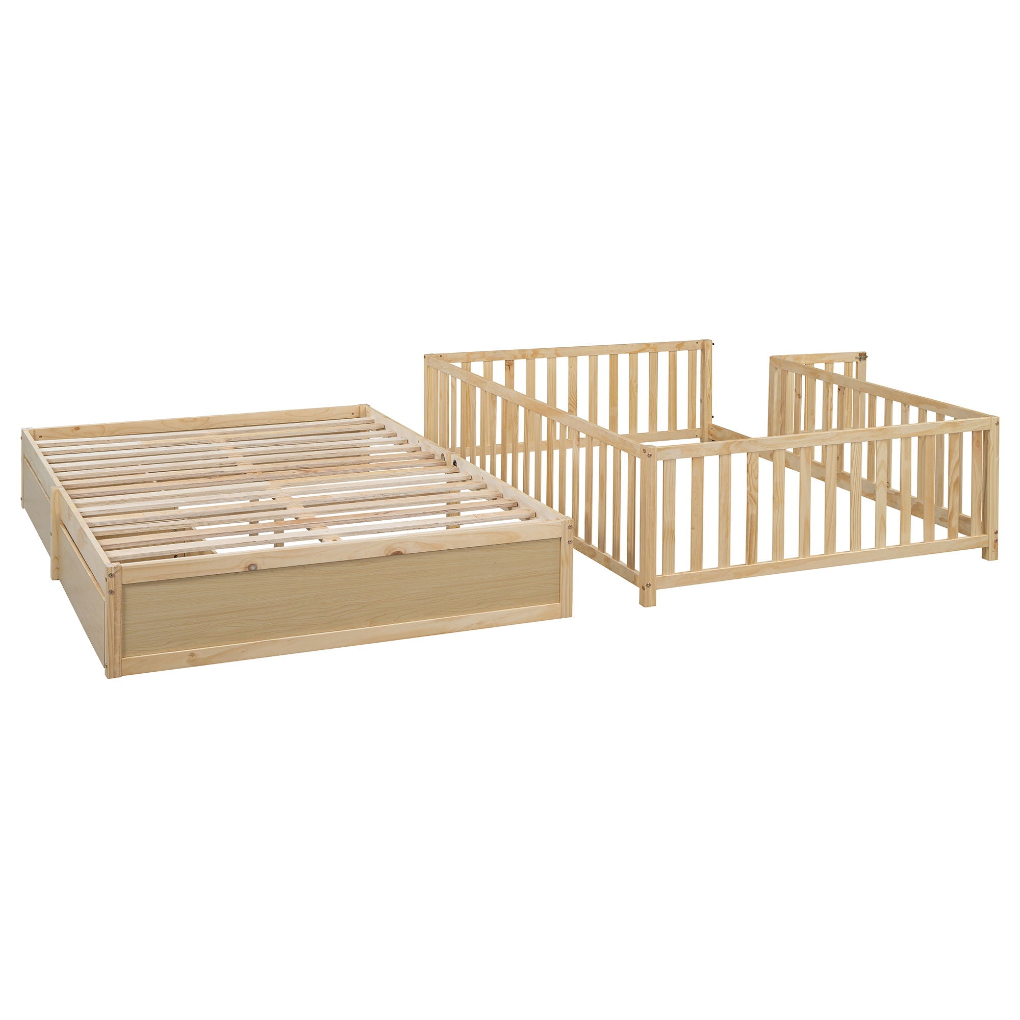 Daybed With Fence Guardrails And 2 Drawers, Split Into Independent Floor Bed & Daybed