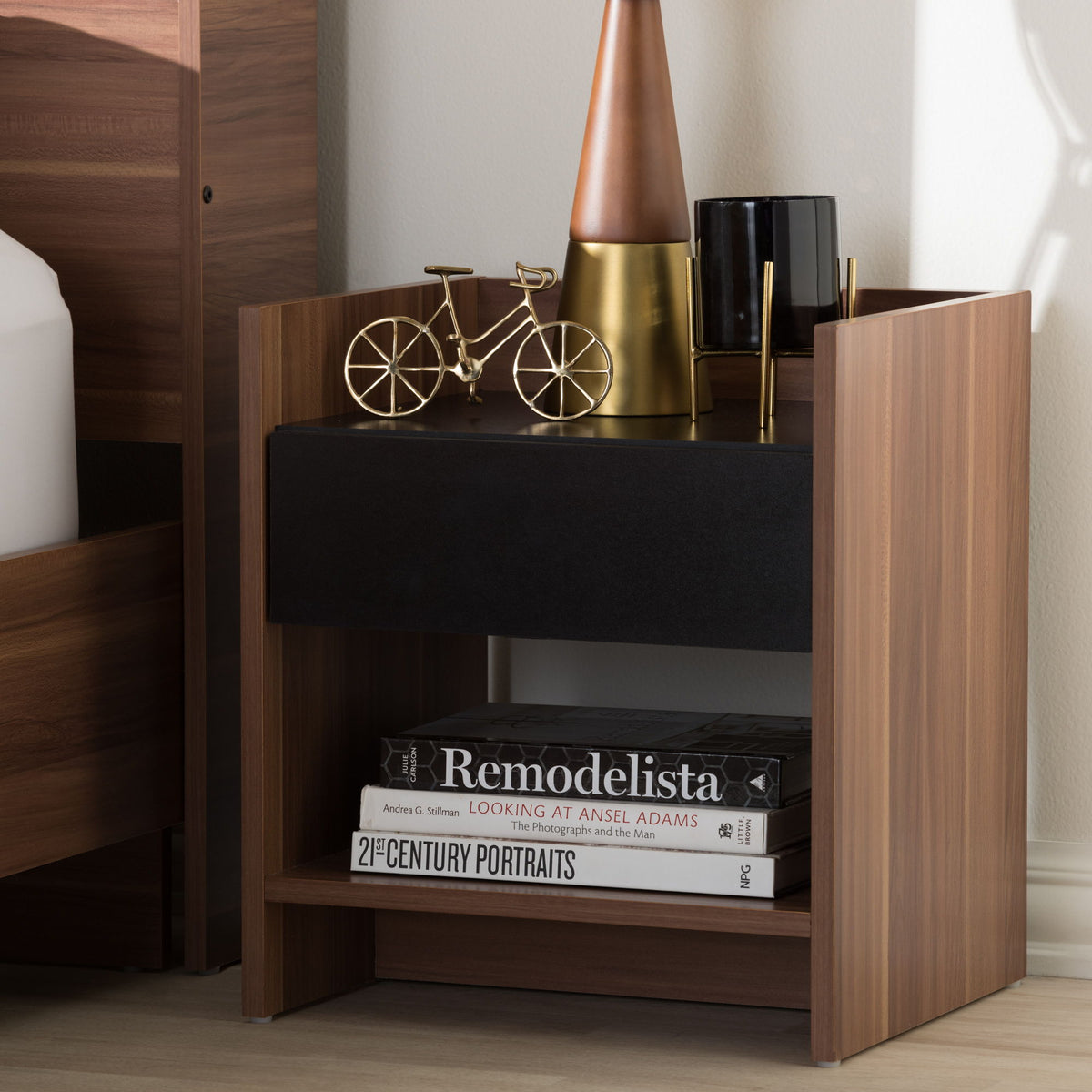 Vanda Modern and Contemporary Two-Tone Walnut and Black Wood 1-Drawer Nightstand