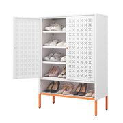 Grid Double Door Shoe Cabinet With Adjustable Compartments And Moisture-Proof Design In White Metal